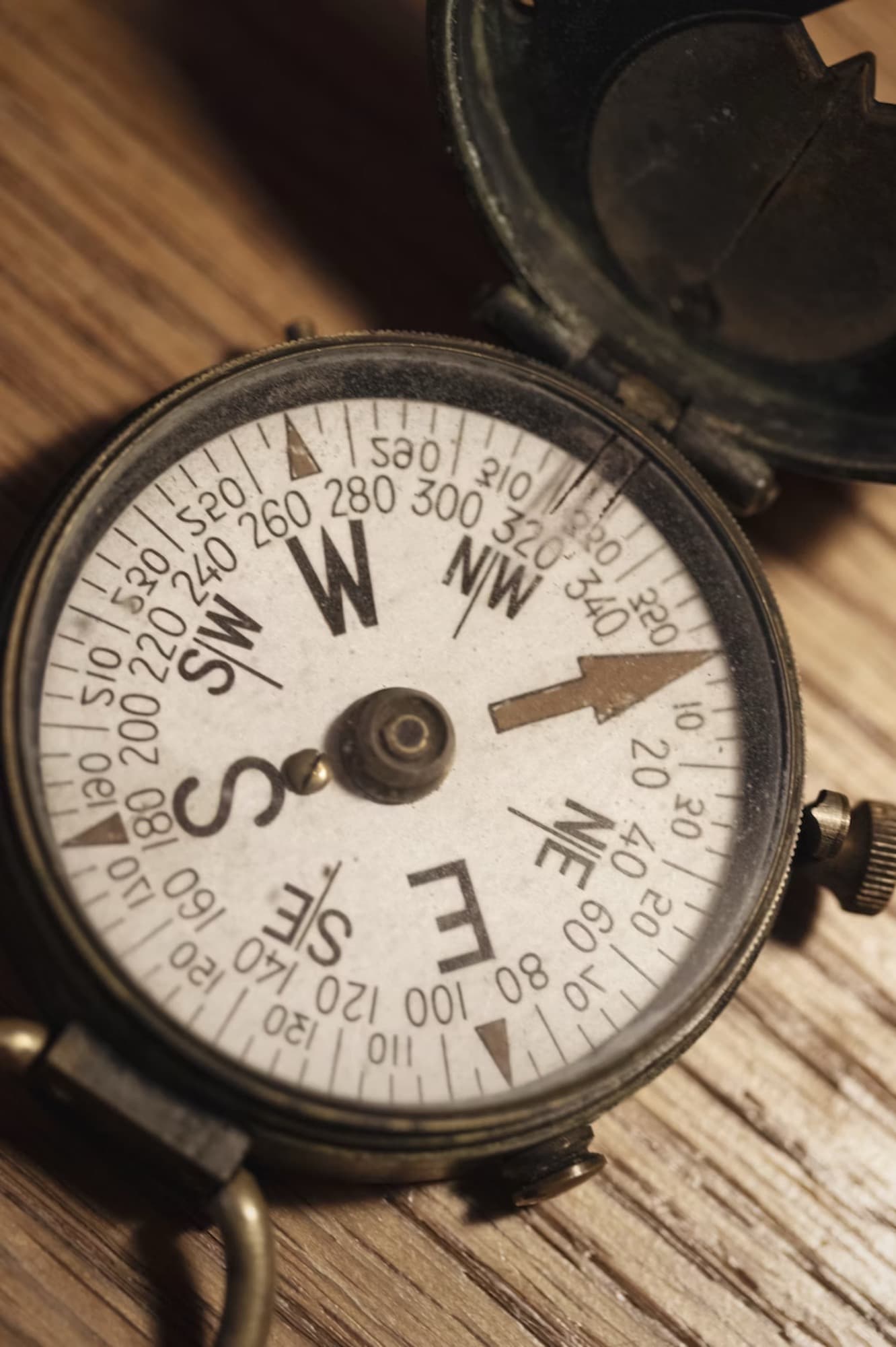 A vintage compass on a wooden table