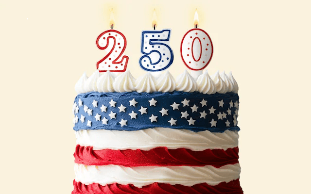 A red, white and blue cake celebrating America's 250th birthday
